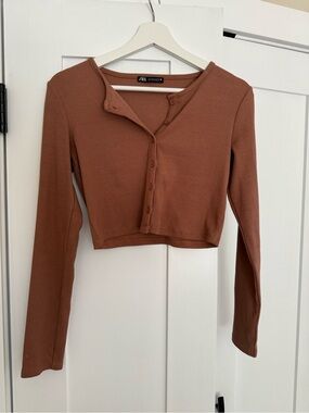 Zara Rust-Tone Ribbed Long-Sleeve Crop Cardigan